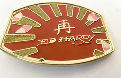 Men&rsquo;s ED HARDY Belt Buckle Only Red Gold Glitter Textured Metal Heavy No Belt