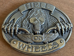 FREE SHP! Hell on Wheels Large Belt Buckle Silver Metal Biker Conf Flag