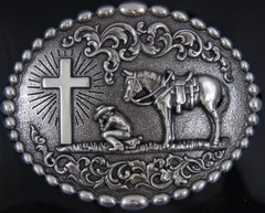 Nocona Western Belt Buckle Cowboy Man at Cross Praying Silver 37374