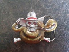Vintage Rattle Snake Skull Cowboy Hat Made In Mexico Belt Buckle