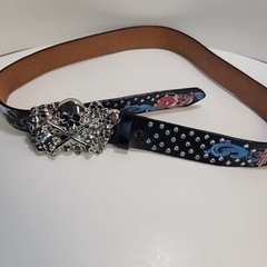 Genuine Leather 3D painted Belt Studs W/ Pile of Skulls Belt Buckle 36&Prime; Grunge
