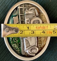 VINTAGE Belt Buckle PEWTER/ENAMEL Antique Convertible Car Fence Farm House 1984