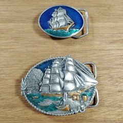 TWO Vintage Bergamot Brass Works Sailing Ship Belt Buckle Kipling 1980&rsquo;s USA