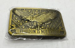 Eagle Freedom Is Not Free Patriot Sponsor Gold Tone Belt Buckle 3” x 2” NEW!