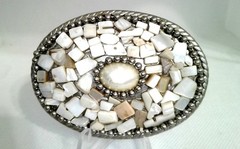 White Mosaic Inlay Oval Silver Tone Belt Buckle 3&Prime;