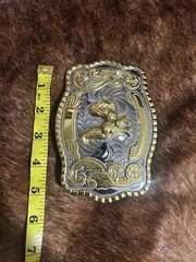Western Horse Floral Rectangular Belt Buckle Silver/Gold Tone Metal 1.5in