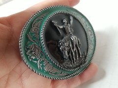 VTG 91 Siskiyou Belt Buckle Native American Warrior Horse Green Enamel USA