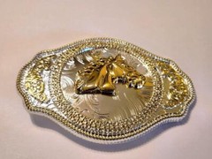 HORSE HEAD OVAL WESTERN 3-D ANIMAL FARM COWBOY GOLD BELT BUCKLE