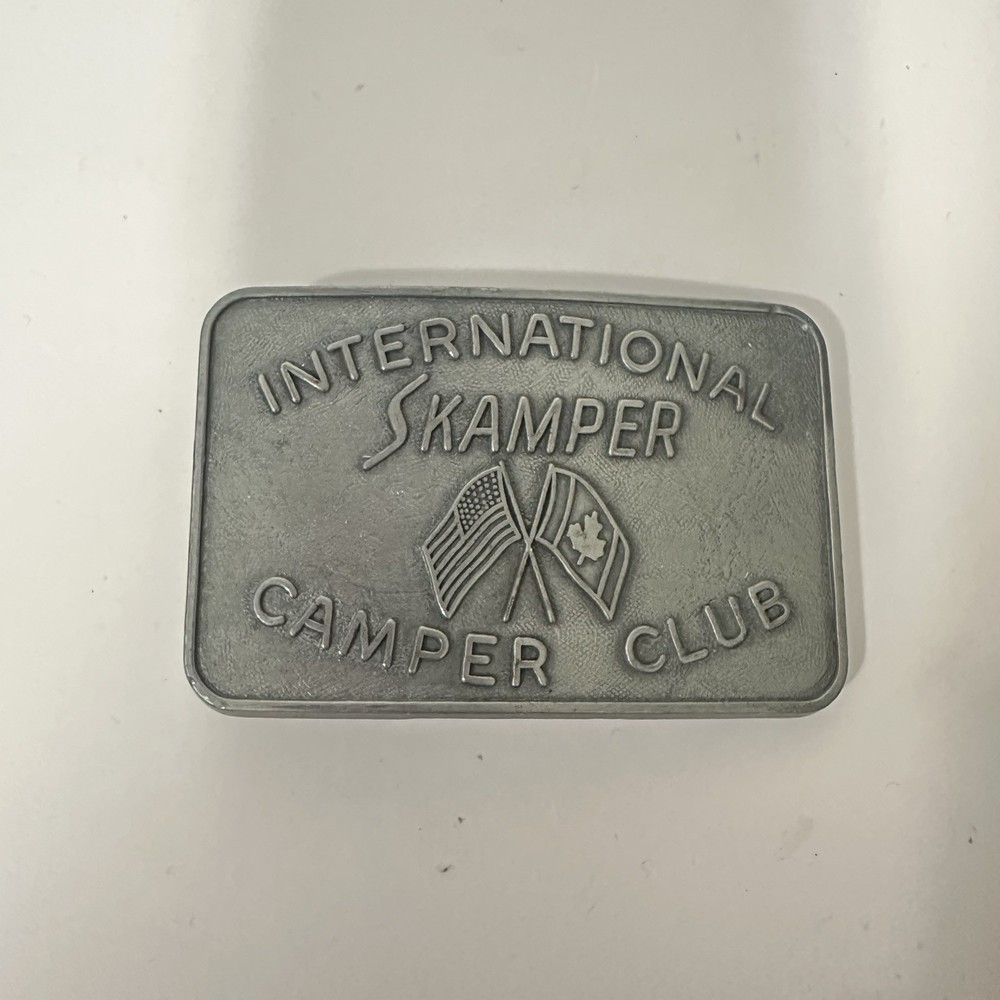 Vintage International Skamper Camper Club Belt Buckle Silver Tone RV Flag