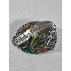1985 Siskiyou Pewter & Enamel Belt Buckle « I&rsquo;d Rather Be Fishing » Trout M-30