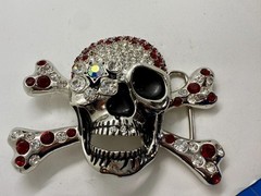 Pirate Skull Head Crossbones Red Clear Rhinestone Covered Costplay Belt Buckle