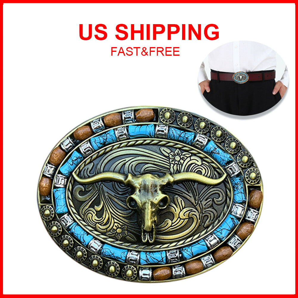 Gold Western Cowboy Belt Buckle Men Women Turquoise Cow Skull Belt Buckle NEW