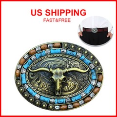 Gold Western Cowboy Belt Buckle Men Women Turquoise Cow Skull Belt Buckle NEW