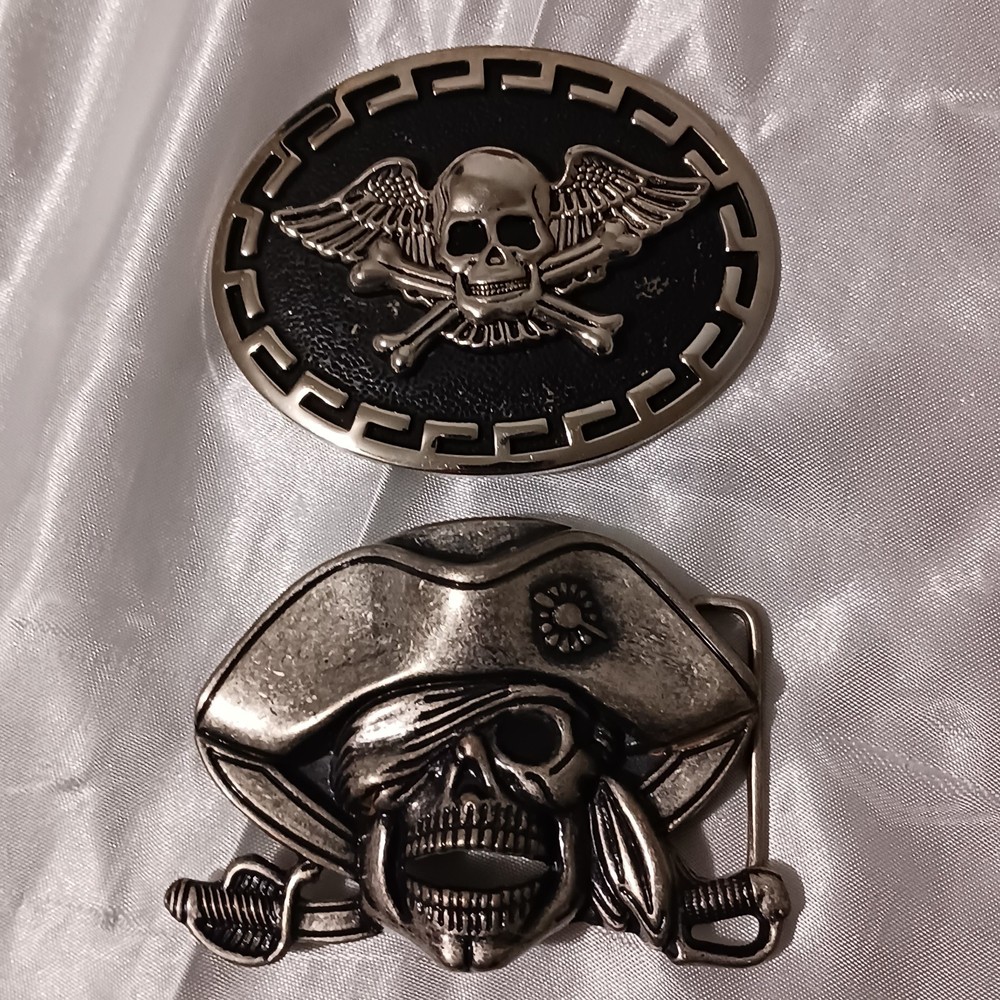 2 Skull Belt Buckles Pirate Biker Unmarked Metal