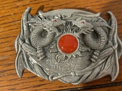 Metal Silver Tone Dragon Belt Buckle With Red Center Stone