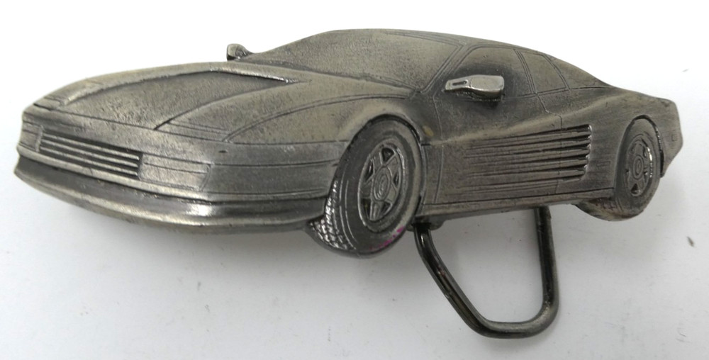 3D Ferrari Testerossa Silver Tone Belt Buckle Vintage 1988 USA 80s Miami Vice