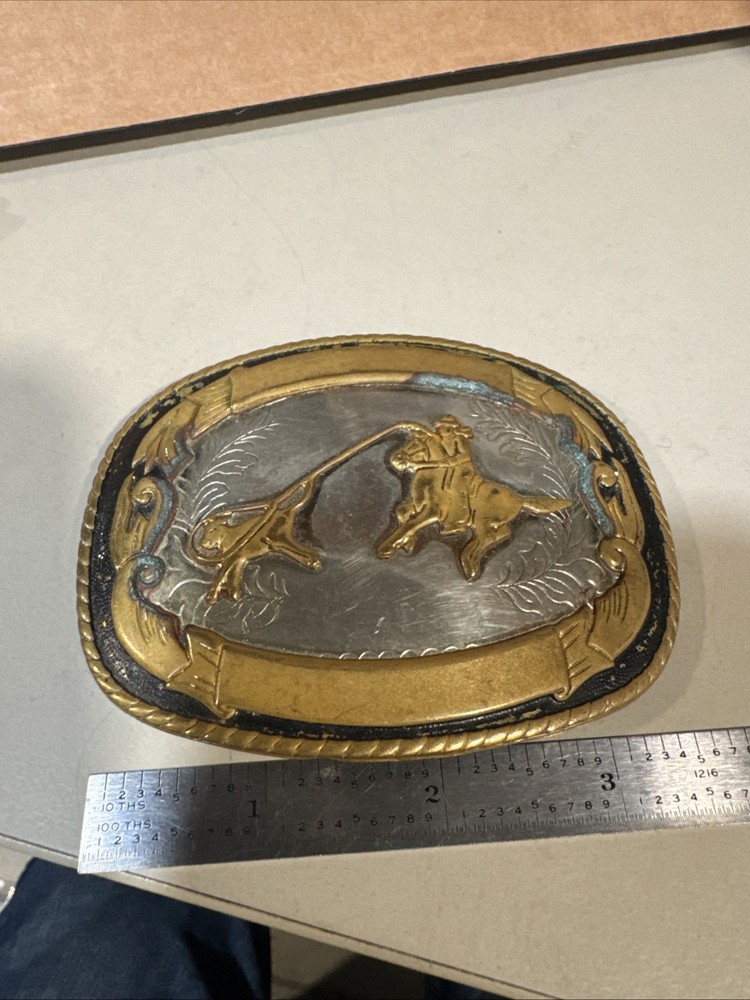 Vintage German Nickel Silver Team Calf Roping Rodeo Belt Buckle w/ Blank Ribbons