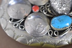 VINTAGE INDIAN BUFFALO HEAD NICKEL FIVE CENT TURQUOISE CORAL BELT BUCKLE