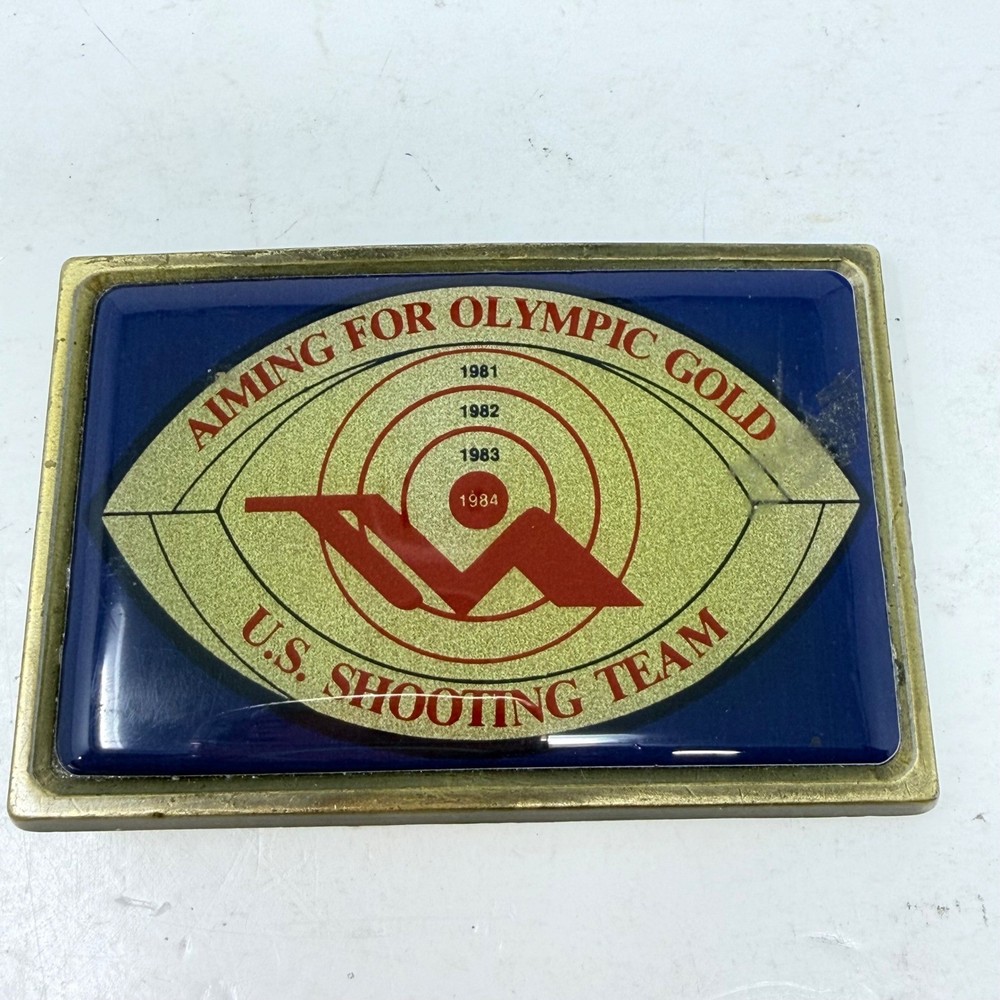 Vintage 1984 Los Angeles Olympics US Shooting Team Brass Belt Buckle Aiming Gold