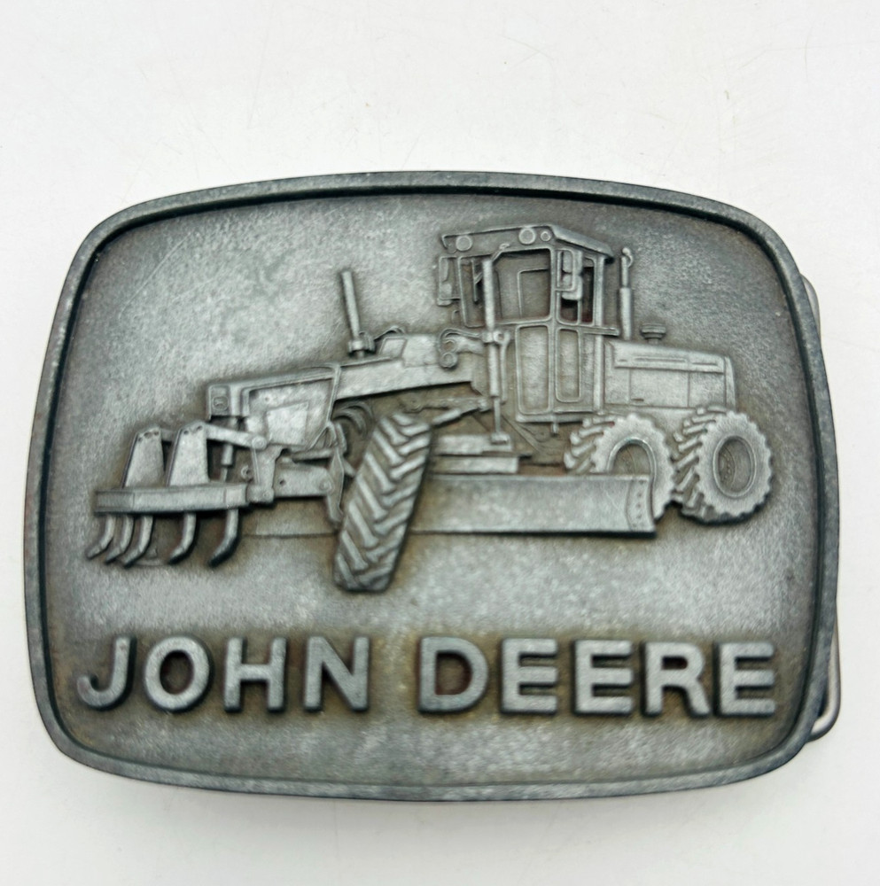 John Deere Motor Grader Belt Buckle Pewter Tone Tractor 1978 Vintage No Wear
