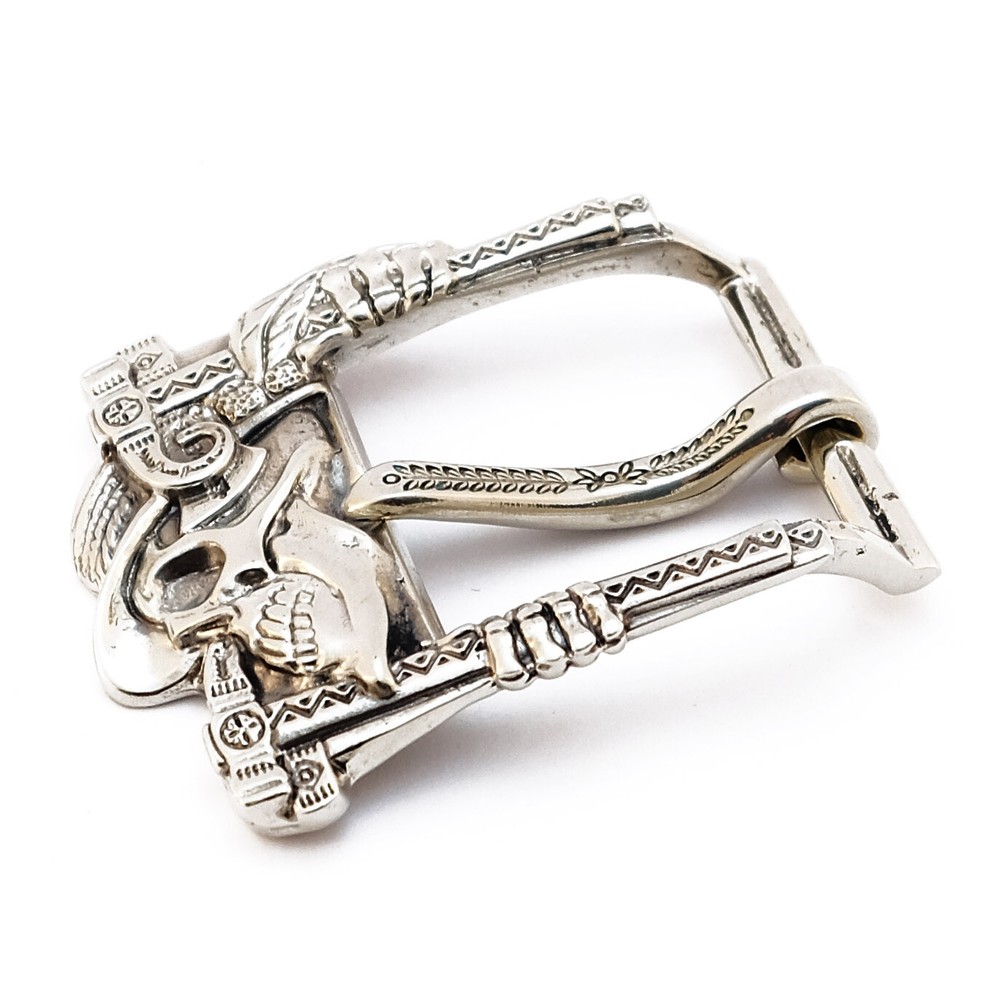 German silver skull belt buckle « Jolly Roger », Pin type Skeleton belt buckle