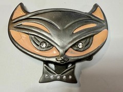 Cute Kitty Cat Head with Bowtie Clear Rhinestone Eye Belt Buckle by Heavy Metal