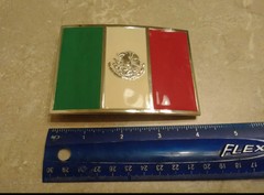Mexico Mexican Flag Red White Green Eagle Coat of Arms Silver Belt Buckle