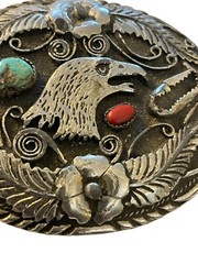 SSI Silver Turquoise Coral American Eagle Feathers Flower Belt Buckle & Bolo Tie