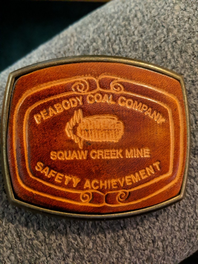 Vintage Peabody Coal Company Squaw Creek Mine Safety Award Leather Belt Buckle