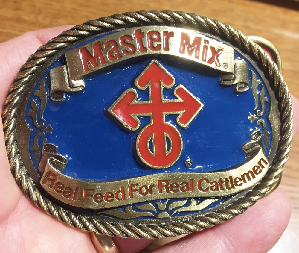 Master Mix Central Soya company blue/red ENAMELED BRASS belt buckle vintage