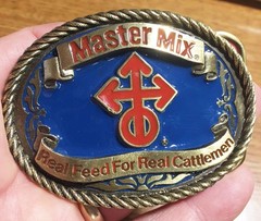 Master Mix Central Soya company blue/red ENAMELED BRASS belt buckle vintage