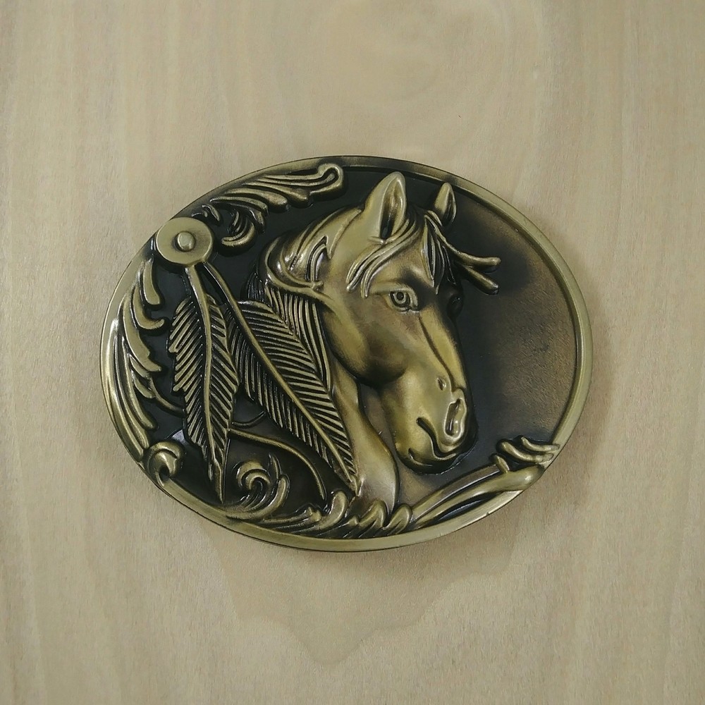 BRONZE HORSE HEAD w/ FEATHERS METAL BELT BUCKLE HEBILLA CABALLO #114