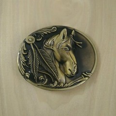 BRONZE HORSE HEAD w/ FEATHERS METAL BELT BUCKLE HEBILLA CABALLO #114