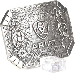 ARIAT Rectangle Buckle with Western Floral Engraving and Emblem, Antique Silver
