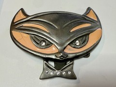 Cute Kitty Cat Head with Bowtie Clear Rhinestone Eye Belt Buckle by Heavy Metal