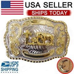 MEN CROSS PRAYING ANIMAL LONG HUGE RODEO BIG COWBOY WESTERN SHINE BELT BUCKLE