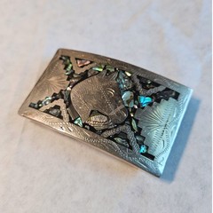 Vintage Alpaca Mexico Horse Head Abalone Shell Inlay Silver Tone Belt Buckle