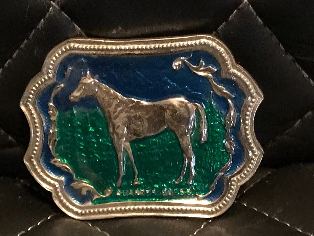 Quarter Horse Belt Buckle Brown & Green Enamel Silver Tone Riding Equestrian