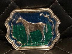 Quarter Horse Belt Buckle Brown & Green Enamel Silver Tone Riding Equestrian