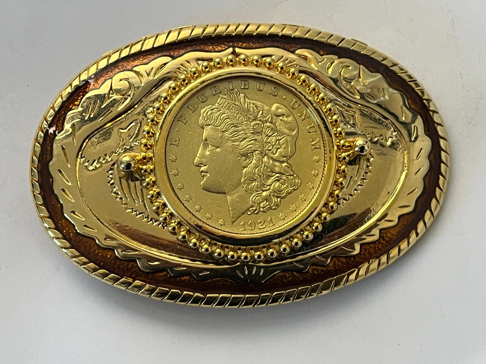 Gold Color Oval Western REAL 1921 Morgan Silver Dollar Belt Buckle
