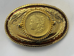 Gold Color Oval Western REAL 1921 Morgan Silver Dollar Belt Buckle