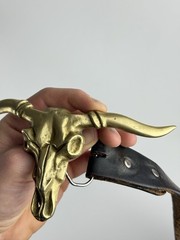Leather Belt with Brass Longhorn Skull Buckle – Western Biker Rock Statement