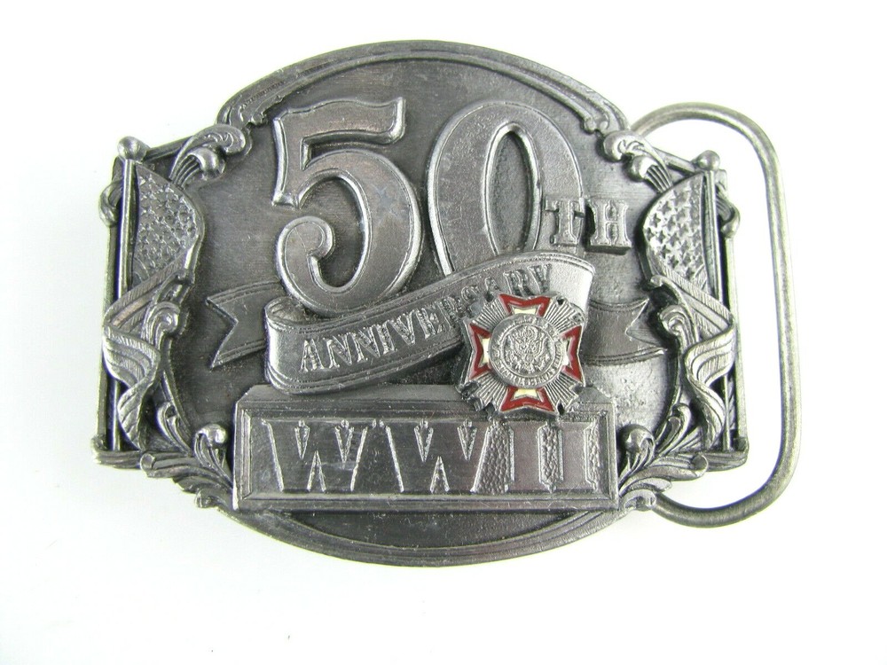 WWII 50th Anniversary Belt Buckle Siskiyou Enamel Pewter #910882 Military 1991