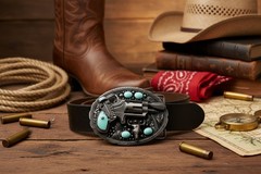 Men Western Belt Buckle Silver Metal Pistol Gun Feather Bull Turquoise Cowboys
