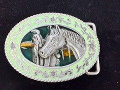 Horse Head and Saddle Enamel Rodeo Cowboys Cowgirls Dimensional Belt Buckle