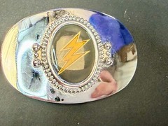 Lightning Bolt Strike Electric Shock Flash on Centered Cabochon Oval Belt Buckle