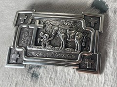 Nocona Mens Belt Buckle 3.5 x 2.5 in Cowboy Horse Cross Western Silver 1.5