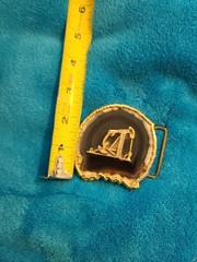 Vintage Agate Slice Oil Derrick pump Belt Buckle Gold Tone