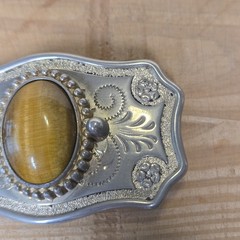 Vintage Silver Metal Belt Buckle With Tiger&rsquo;s Eye Floral/Swirl Design For 1&Prime;Belt