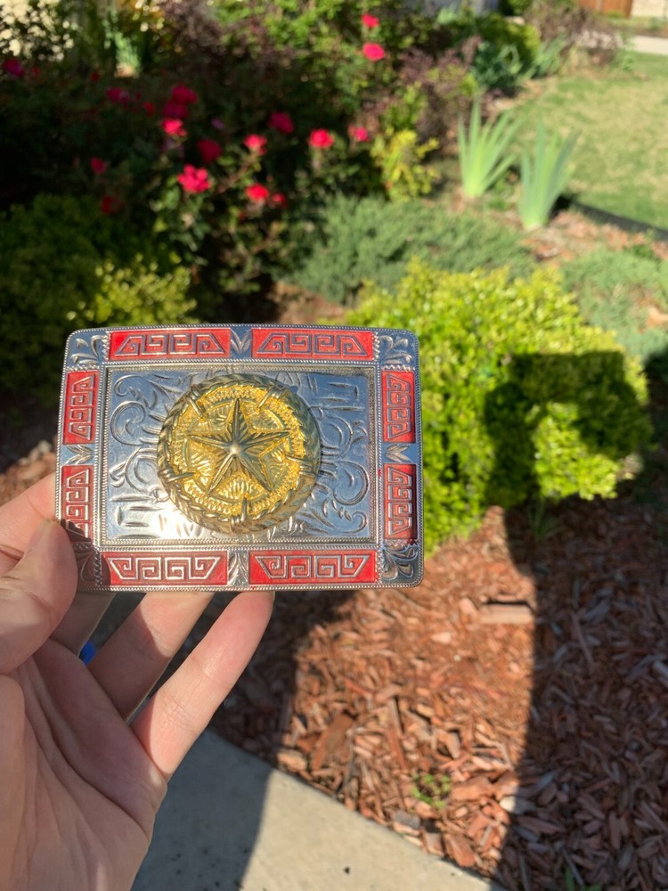 Western Buckle Gold Red Silver Texas Lone Star Cowboy 2 » Buckle Hebilla Vaquero